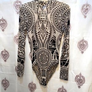 K TOO MESH NYLON BODYSUIT LONG SLEEVES STRETCHY SNAP CROTCH SZ L